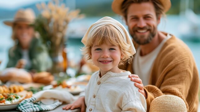 A cheerful father and his son participate in a joyful familial gathering at a table surrounded by tasty food, mixing the flavors of nature, togetherness, and lingering laughter.
