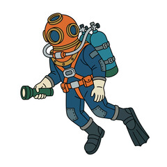 Obraz premium Vintage Deep Sea Diver Illustration with Flashlight and Oxygen Tanks