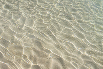 Fototapeta premium Sunlight filtering through clear water onto a sandy seabed, creating rippling patterns.