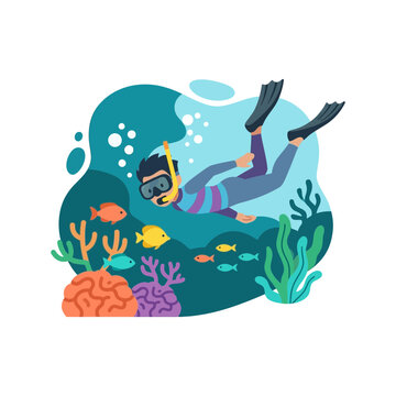 Flat Vector Illustration of a Person Snorkeling in a Colorful Coral Reef with Tropical Fish