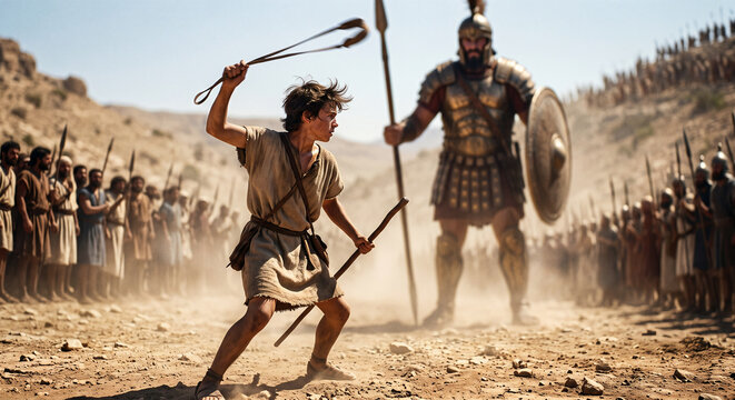 David Preparing to Strike Goliath With His Sling on the Battlefield, Old Testament Story of Faith and Courage
