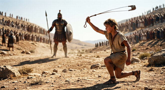 David Preparing to Strike Goliath With His Sling on the Battlefield, Old Testament Story of Faith and Courage
