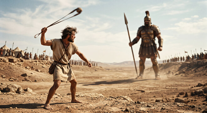 David Preparing to Strike Goliath With His Sling on the Battlefield, Old Testament Story of Faith and Courage
