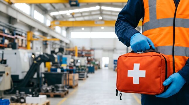 Industrial worker holding orange first aid kit box in factory workplace.