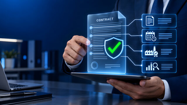 Businessman reviewing digital contract with security shield and checklist icons on tablet screen symbolizing digital agreement and verification in business