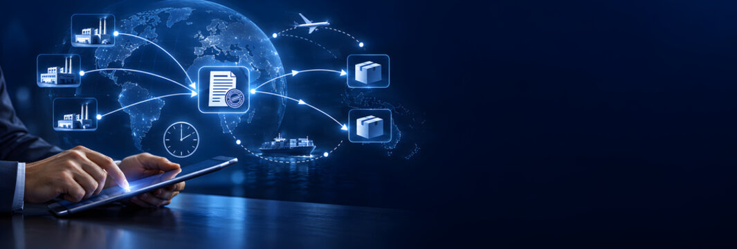 Global supply chain logistics management with digital tracking factories cargo ship airplane packages and digital document on tablet interface