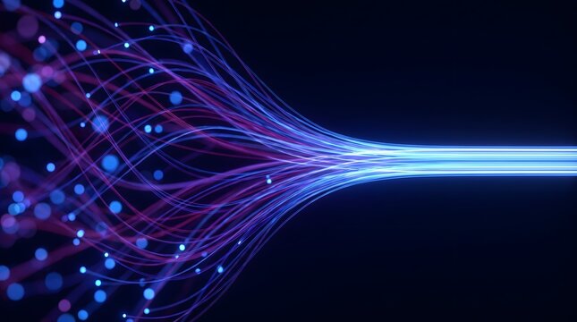 Abstract visualization of flowing data streams with glowing blue and purple lines and bokeh lights on a dark background representing digital information transfer and connectivity