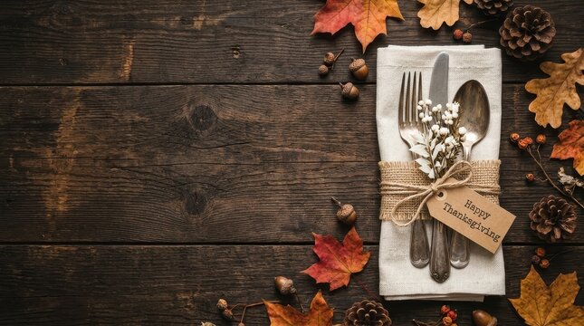 Rustic Thanksgiving Table Setting with Silverware, Autumn Leaves, and Happy Thanksgiving Tag on Dark Wood Background