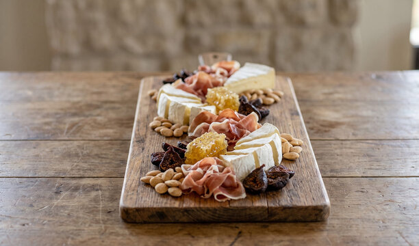 The Charcuterie "River": A long wooden board featuring a winding arrangement of brie, honeycomb, prosciutto ribbons, dried figs, and marcona almonds. 