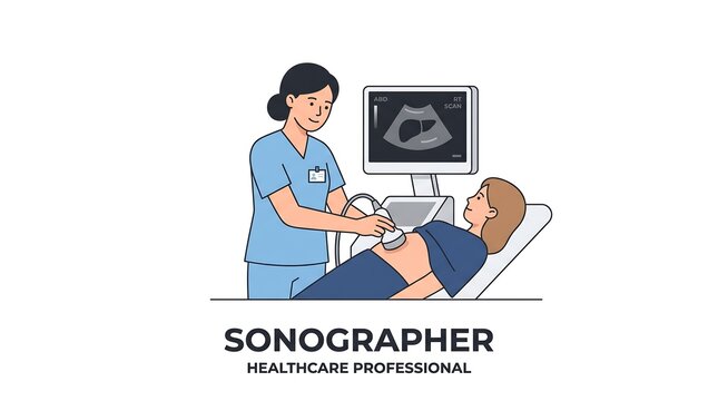 Professional sonographer performing abdominal ultrasound scan on patient in clinical medical environment