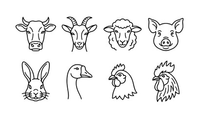Obraz premium Farm Animal Face and Head Outline Icons Vector Collection