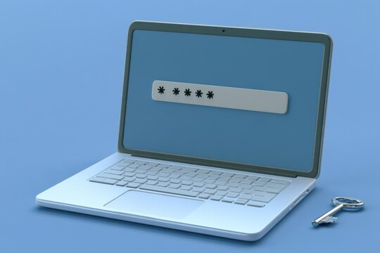 Laptop showing password entry screen with a key beside it