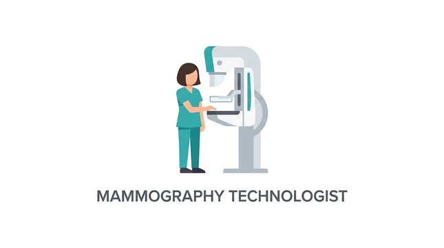 Female mammography technologist operating diagnostic breast imaging machine in medical clinic setting