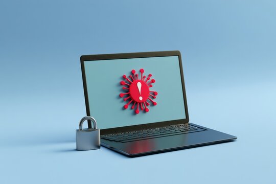 Computer screen showing virus warning with lock on the desk