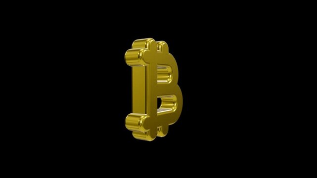 Reflective 3D golden bitcoin symbol against solid black background
