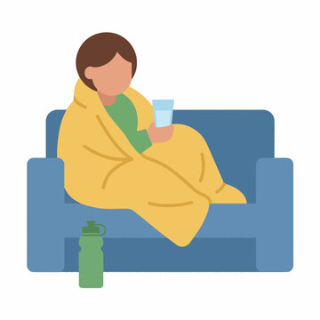 Hydration during sick day concept. Person wrapped in blanket holding water glass with sports bottle. Flat design vector
