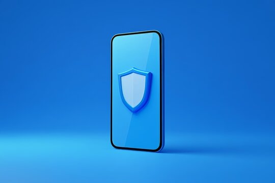Smartphone with a shield symbol on a blue background representing security and protection