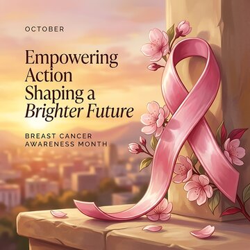 October Breast Cancer Awareness Month Poster with Pink Ribbon and Cherry Blossoms at Sunrise