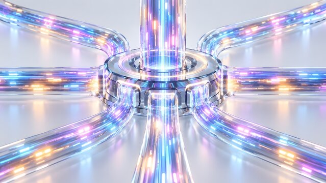 Futuristic central network hub processing high speed digital data through illuminated fiber optic cables representing advanced cyber connectivity.