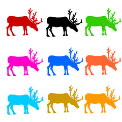 Colorful reindeer silhouettes set standing caribou antler icons multi color christmas isolated illustration. © Rafia