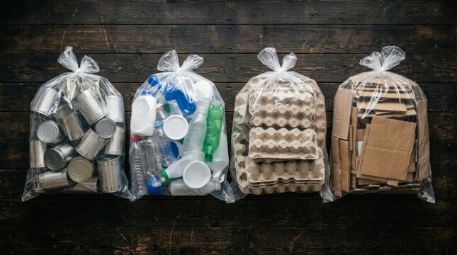 Four clear plastic bags filled with metal cans, plastic bottles, egg cartons, and cardboard show hands sorting recycling wastem rubbish on a dark wooden table top