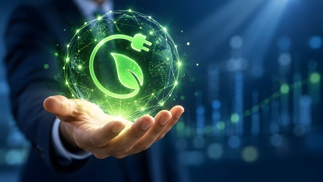 Corporate executive holding glowing green holographic globe with eco plug and leaf symbolizing renewable energy investment and sustainable business strategy.