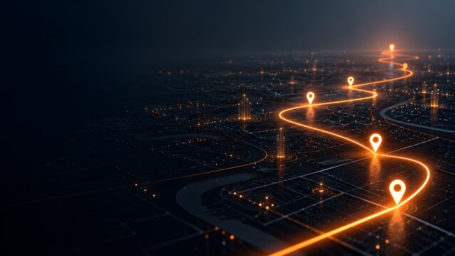 Glowing digital roadmap winding through futuristic virtual city grid with location pins representing strategic logistics and technological progress.