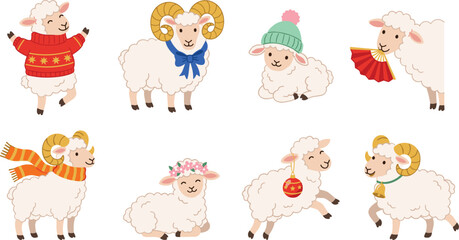 Obraz premium Cute Cartoon Sheep and Rams Vector Character Set with Fluffy Lambs Wearing Winter Sweaters Scarves and Hats for Festive Christmas Holiday Greeting Designs
