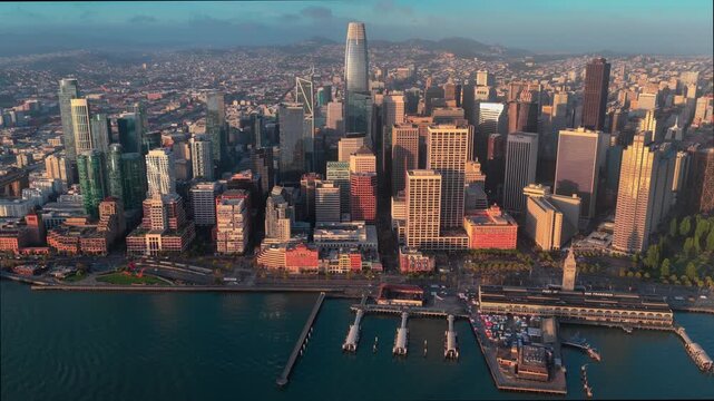 San Francisco Downtown Skyline And Waterfront At Sunset