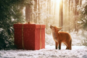 Obraz premium Fox looking at a gift box in a snowy forest during winter