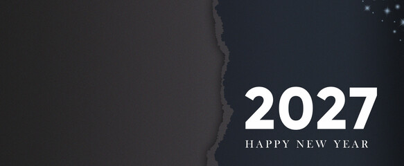 New year 2027 card featuring torn black paper texture backdrop with subtle starlight accents for poster. © Sahariar Studio