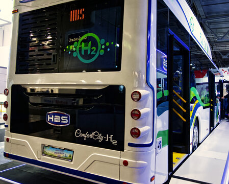 Hbs comfortcity h hydrogen fuel cell bus rear view, clean energy public transport vehicle on display at iaa hanover