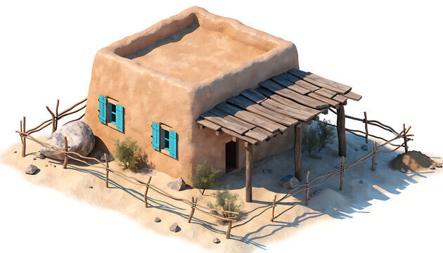 Isometric 3D render of a traditional adobe house with a wooden porch