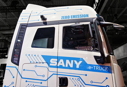Sany e truck showcasing zero emission electric technology at an international automotive exhibition in hanover