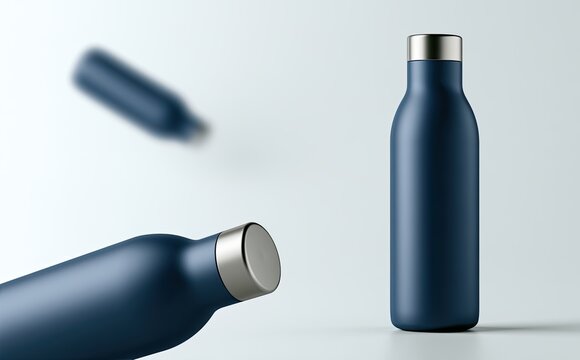 Sleek dark blue reusable water bottles with silver caps on white background
