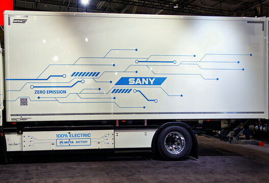 Sany full electric truck chassis with zero emission branding at the iaa exhibition in hanover, germany