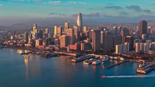 San Francisco Downtown Skyline And Waterfront At Sunset