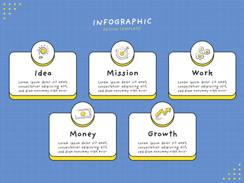 5 steps business infographic design template. Hand drawn doodle icons and white boxes with yellow shadow on blue grid background.