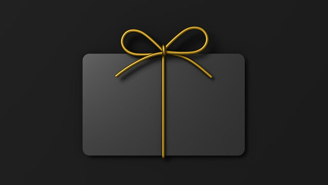 Blank black business gift cards or voucher bonus mock up with gold rope ribbon bow isolated on black background with shadows minimal creative idea conceptual 3D rendering