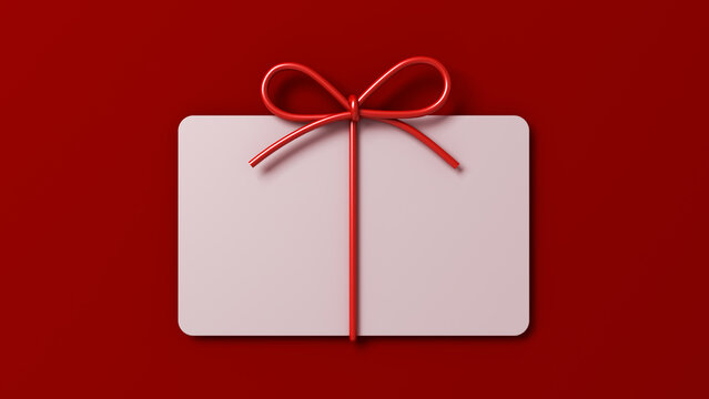 Blank white business gift card or gift voucher bonus with red rope ribbon bow isolated on dark red background with shadow minimal creative idea conceptual 3D rendering