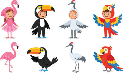 Fototapeta premium Cute Kids in Bird Costumes and Matching Cartoon Animals Vector Set with Flamingo Toucan Crane and Parrot for Children Party and School Play Designs