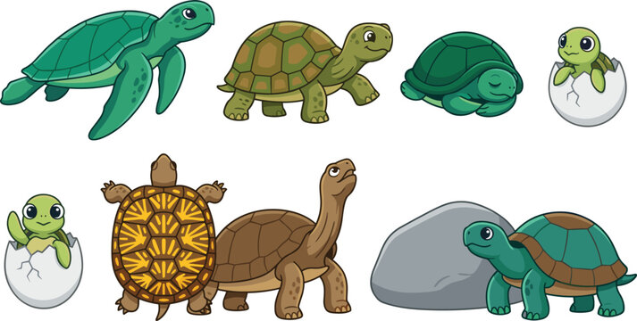 Cute Cartoon Turtles and Tortoises Character Vector Set Featuring Hatching Baby Reptiles Sea Turtle and Giant Land Tortoise for Kids Wildlife Graphics