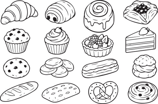 Set of 16 bakery and pastry line art vector icons. Black and white outline collection of croissants, muffins, cakes, bread, and pastries for KDP coloring books, menus, and stickers.