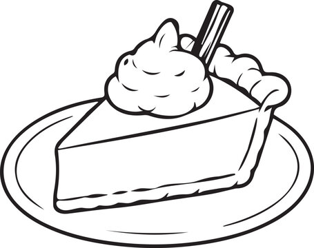 Slice of traditional pumpkin pie on a plate with whipped cream and cinnamon stick. Black and white vector line art outline for autumn menus, Thanksgiving, KDP coloring, and crafts.
