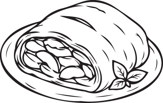 Traditional apple strudel roll with fruit filling and mint on a plate. Black and white vector line art outline for bakery menus, autumn dessert recipes, KDP coloring, and craft projects.