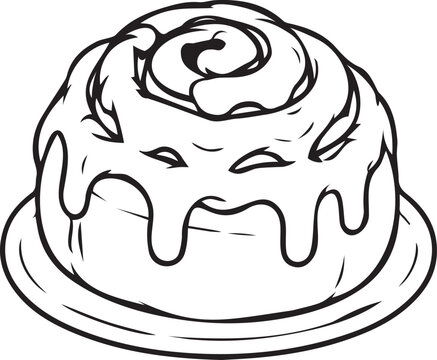 Gourmet cinnamon roll bun on a plate dripping with sweet icing glaze. Black and white vector line art outline for bakery logos, cafe menus, coffee treats, KDP coloring, and crafts.