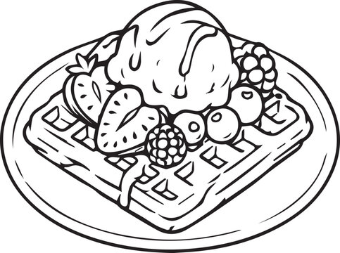 Crispy Belgian waffle topped with ice cream scoop, strawberries, and blueberries on a plate. Black and white vector line art outline for dessert menus, KDP coloring, and craft prints.