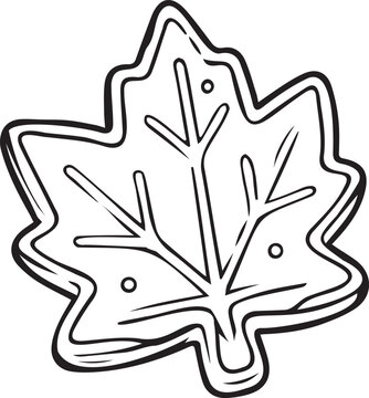 Autumn maple leaf sugar cookie or gingerbread biscuit. Black and white vector line art outline for Thanksgiving treats, fall bakery branding, KDP activity books, and craft stickers.