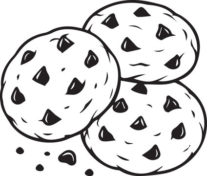 Stack of round crispy chocolate chip cookies with crumbs. Black and white vector line art outline for bakery packaging, sweet snack menus, KDP activity sheets, and printable craft art.