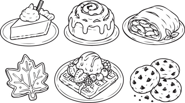 Set of 6 autumn dessert line art vector icons. Black and white outline collection of pumpkin pie, cinnamon roll, apple strudel, maple cookie, waffle, and cookies for KDP coloring books.
